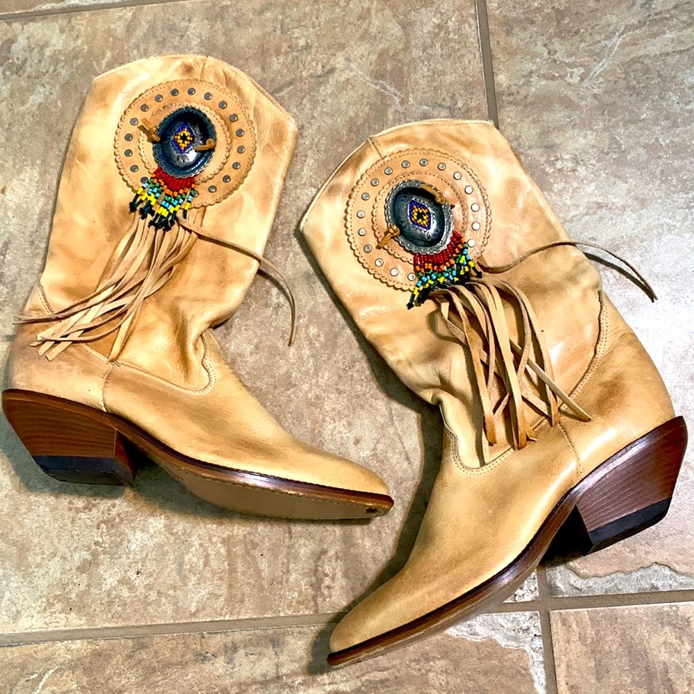Aztec Vintage Zodiac Fringe Beaded Cowboy Boots 7M